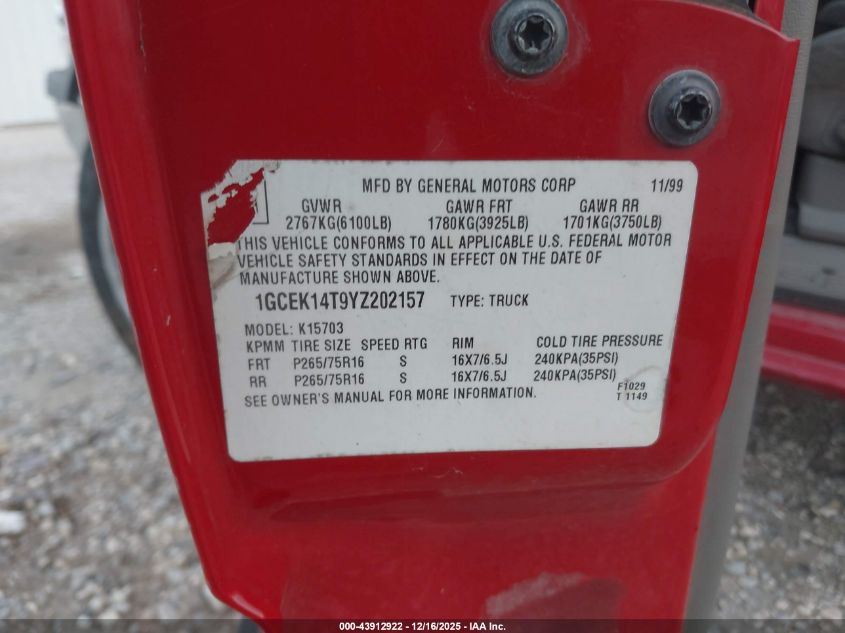 2000 Chevrolet Silverado 1500 Ls VIN: 1GCEK14T9YZ202157 Lot: 43912922