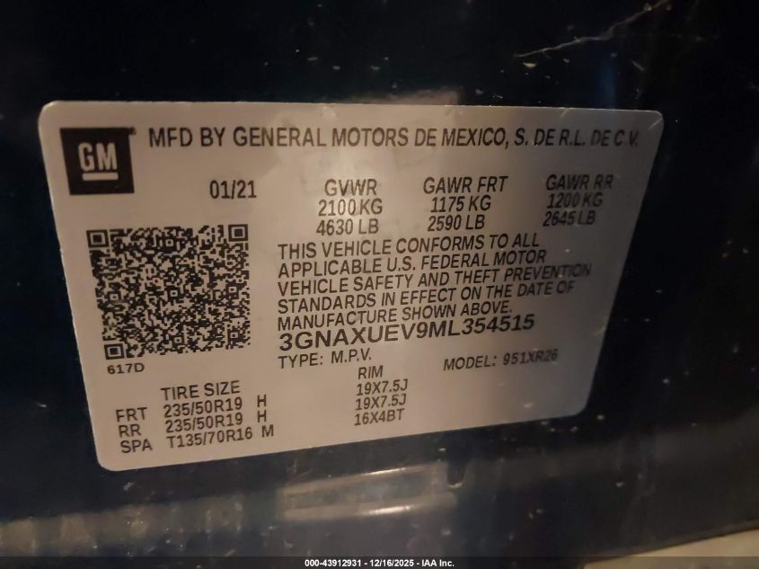 2021 Chevrolet Equinox Awd Lt VIN: 3GNAXUEV9ML354515 Lot: 43912931