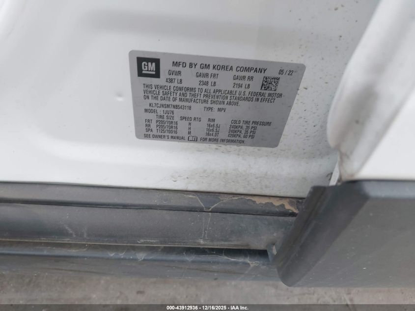 2022 Chevrolet Trax Awd Ls VIN: KL7CJNSM7NB543118 Lot: 43912936