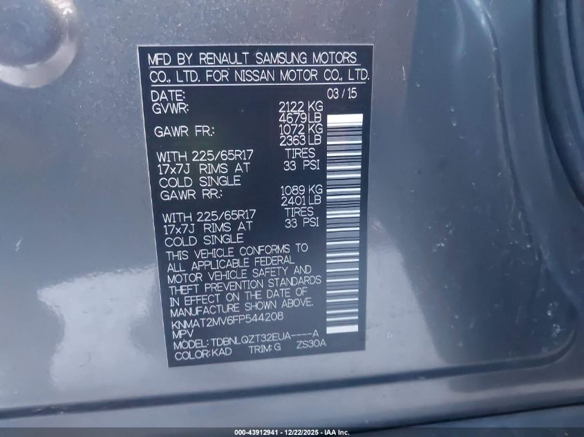 2015 Nissan Rogue Sv VIN: KNMAT2MV6FP544208 Lot: 43912941