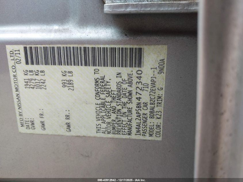 2011 Nissan Altima 2.5 S VIN: 1N4AL2AP5BN472340 Lot: 43912942