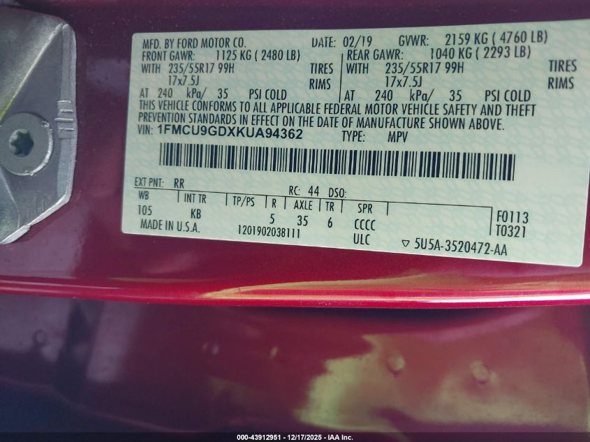 2019 Ford Escape Se VIN: 1FMCU9GDXKUA94362 Lot: 43912951