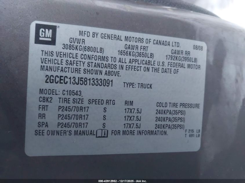 2008 Chevrolet Silverado 1500 Lt1 VIN: 2GCEC13J581333091 Lot: 43912952