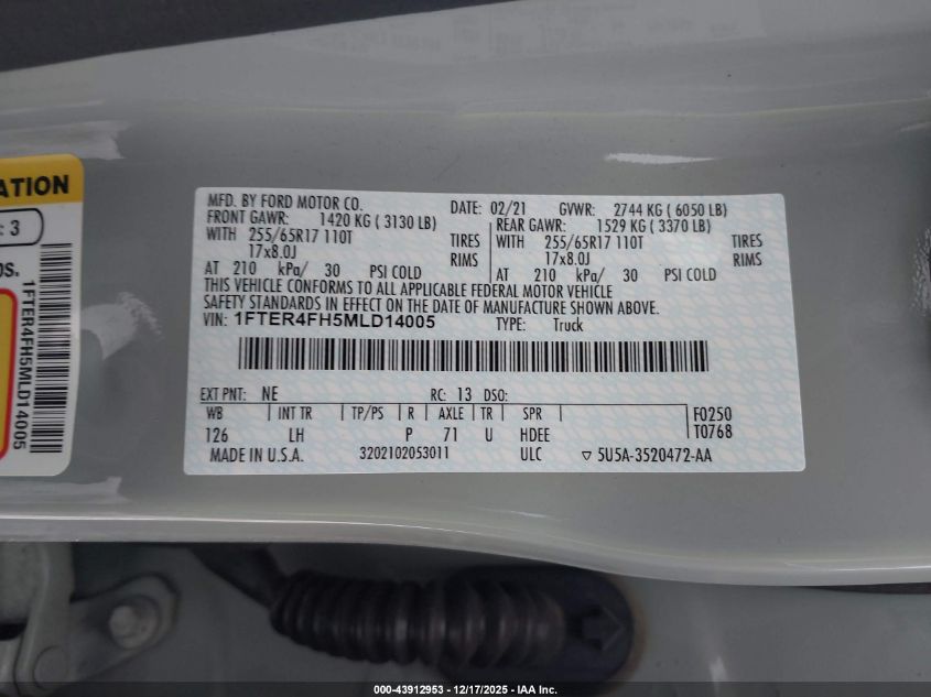 2021 Ford Ranger Xlt VIN: 1FTER4FH5MLD14005 Lot: 43912953