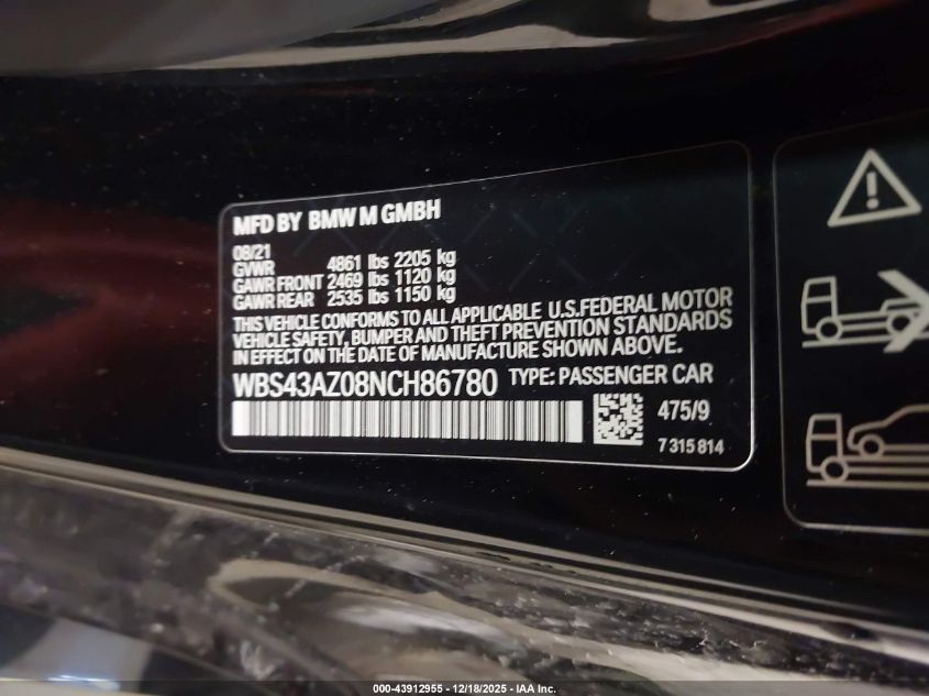 2022 BMW M4 Competition xDrive VIN: WBS43AZ08NCH86780 Lot: 43912955