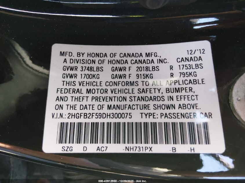 2013 Honda Civic Lx VIN: 2HGFB2F59DH300075 Lot: 43912958