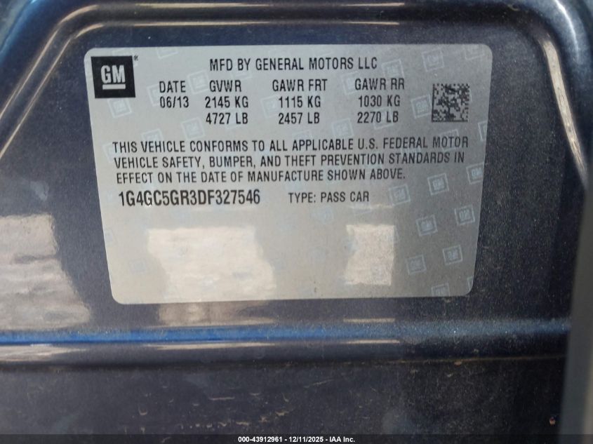 2013 Buick Lacrosse Leather Group VIN: 1G4GC5GR3DF327546 Lot: 43912961