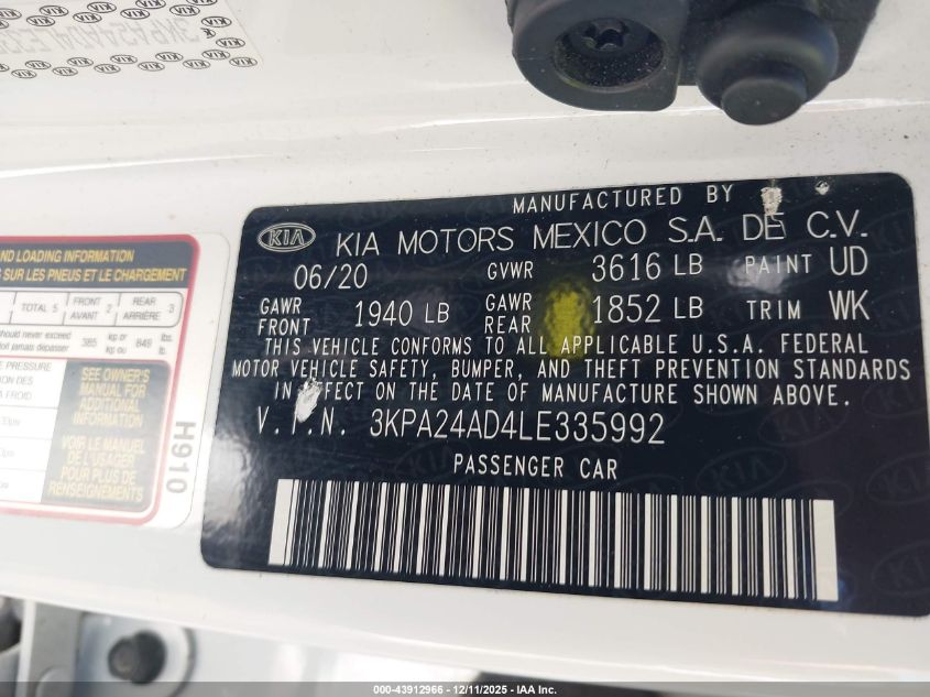 2020 Kia Rio S VIN: 3KPA24AD4LE335992 Lot: 43912966