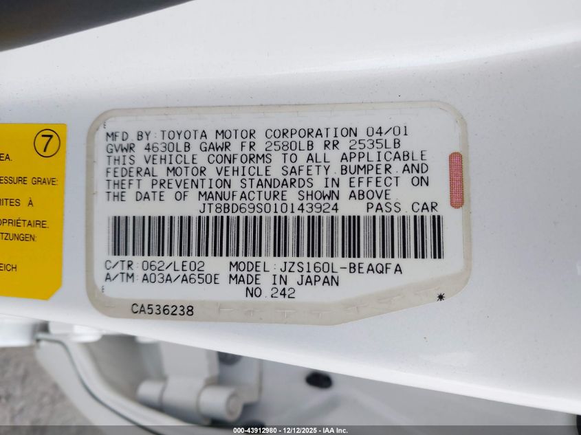 2001 Lexus Gs 300 VIN: JT8BD69S010143924 Lot: 43912980