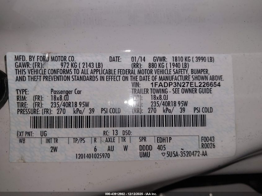 2014 Ford Focus Titanium VIN: 1FADP3N27EL226654 Lot: 43912982