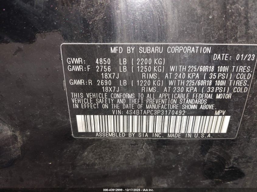 2023 Subaru Outback Touring VIN: 4S4BTAPC3P3170492 Lot: 43912999