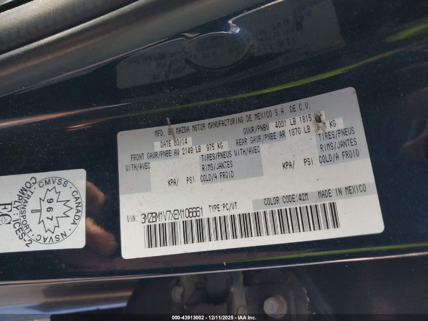 2014 Mazda Mazda3 I Touring VIN: 3MZBM1V7XEM106661 Lot: 43913002