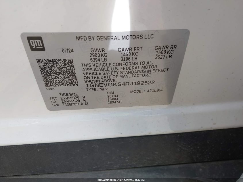 2024 Chevrolet Traverse Awd Lt VIN: 1GNEVGKS4RJ192522 Lot: 43913006