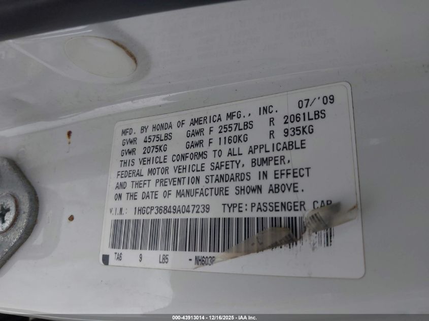 2009 Honda Accord 3.5 Ex-L VIN: 1HGCP36849A047239 Lot: 43913014