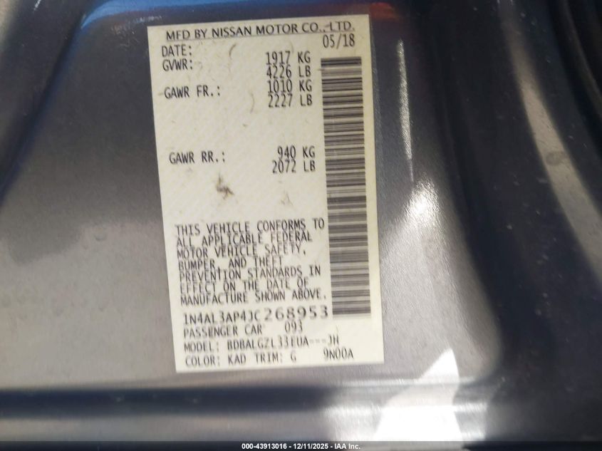 2018 Nissan Altima 2.5 S VIN: 1N4AL3AP4JC268953 Lot: 43913016