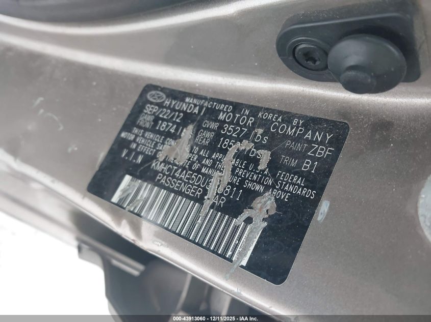 2013 Hyundai Accent Gls VIN: KMHCT4AE5DU358811 Lot: 43913060