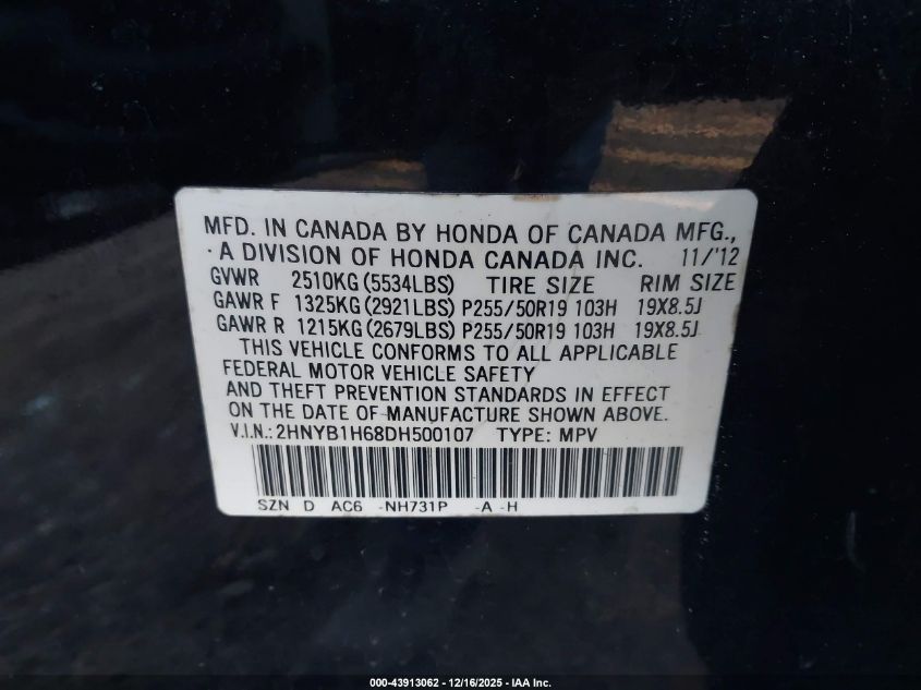 2013 Acura Zdx VIN: 2HNYB1H68DH500107 Lot: 43913062