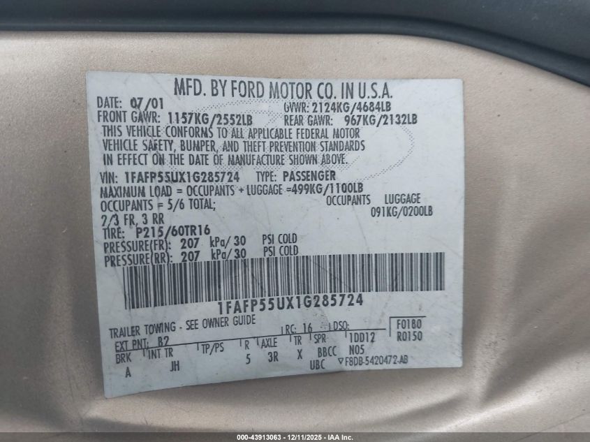 2001 Ford Taurus Ses VIN: 1FAFP55UX1G285724 Lot: 43913063