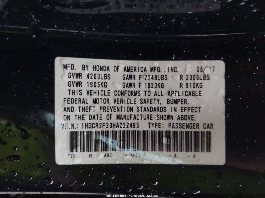 2017 Honda Accord Lx VIN: 1HGCR2F30HA222495 Lot: 43913065