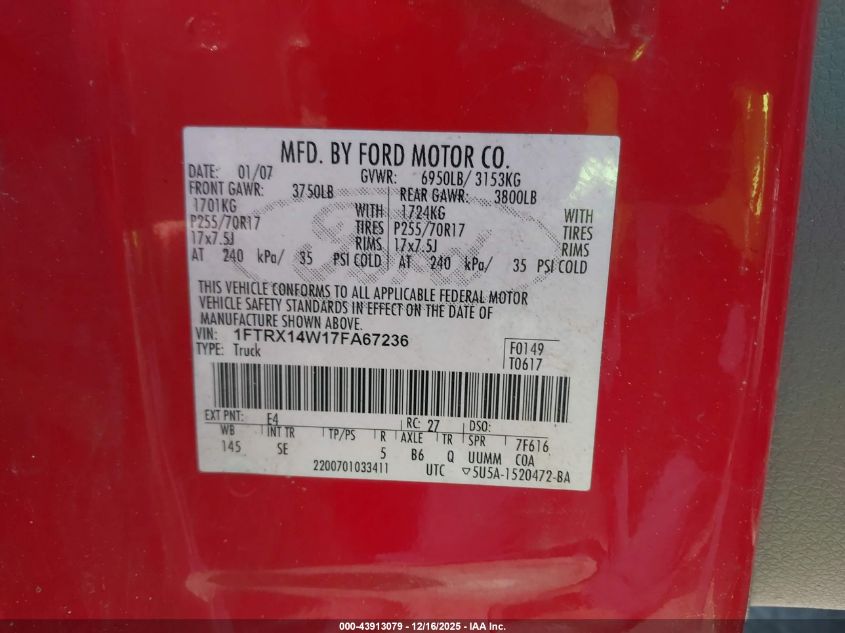 2007 Ford F-150 Fx4/Stx/Xl/Xlt VIN: 1FTRX14W17FA67236 Lot: 43913079