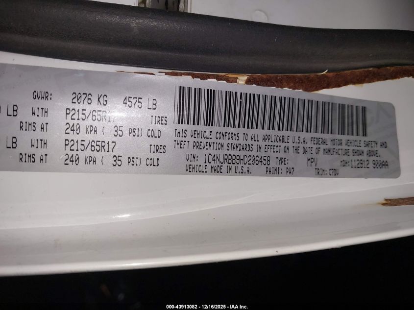 2017 Jeep Patriot Sport 4X4 VIN: 1C4NJRBB9HD206458 Lot: 43913082