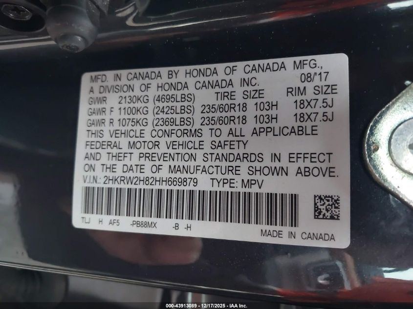 2017 Honda Cr-V Ex-L/Ex-L Navi VIN: 2HKRW2H82HH669879 Lot: 43913089