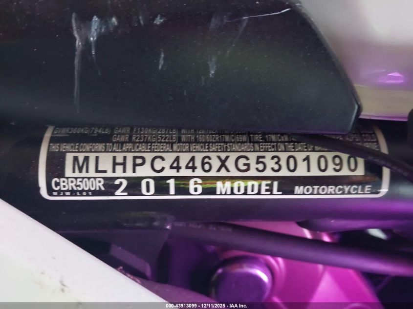 2016 Honda Cbr500 R VIN: MLHPC446XG5301090 Lot: 43913099
