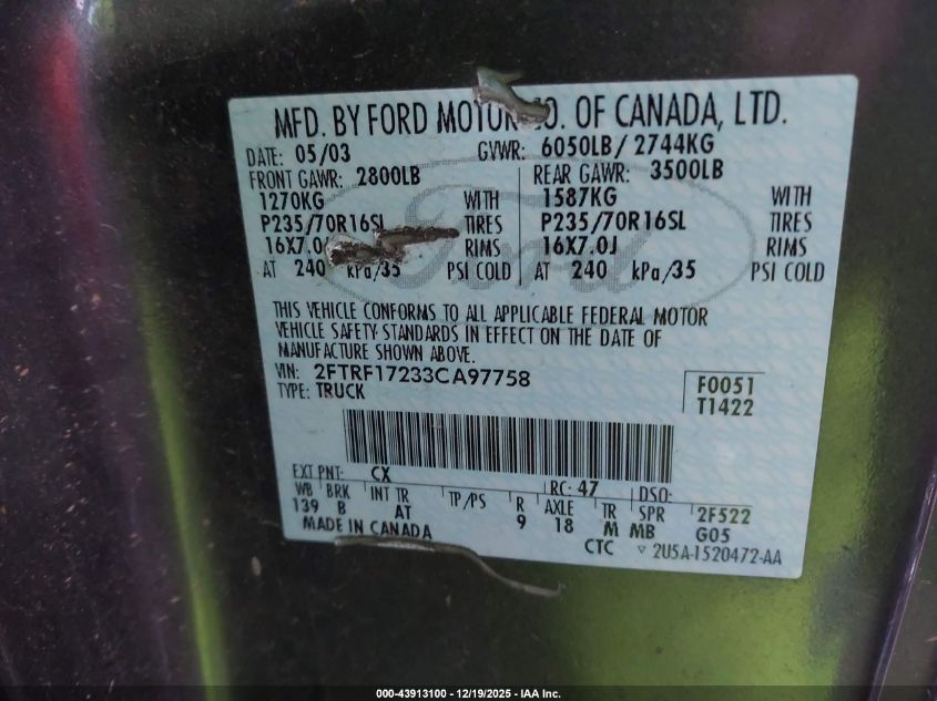 2003 Ford F-150 Xl/Xlt VIN: 2FTRF17233CA97758 Lot: 43913100