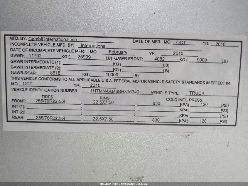 2011 International 4000 4300 Lp VIN: 1HTMNAAM6BH315340 Lot: 43913103