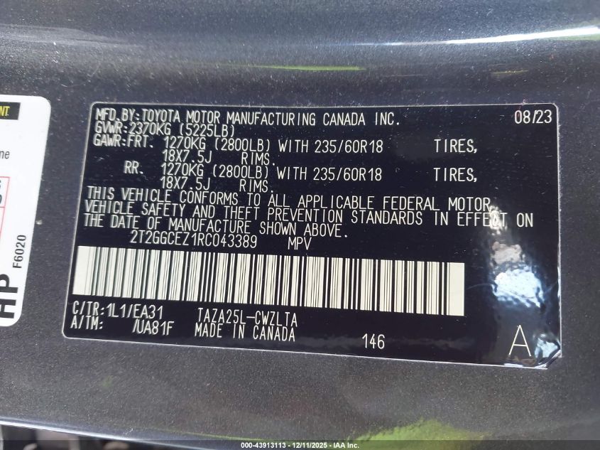 2024 Lexus Nx 350 Premium VIN: 2T2GGCEZ1RC043389 Lot: 43913113