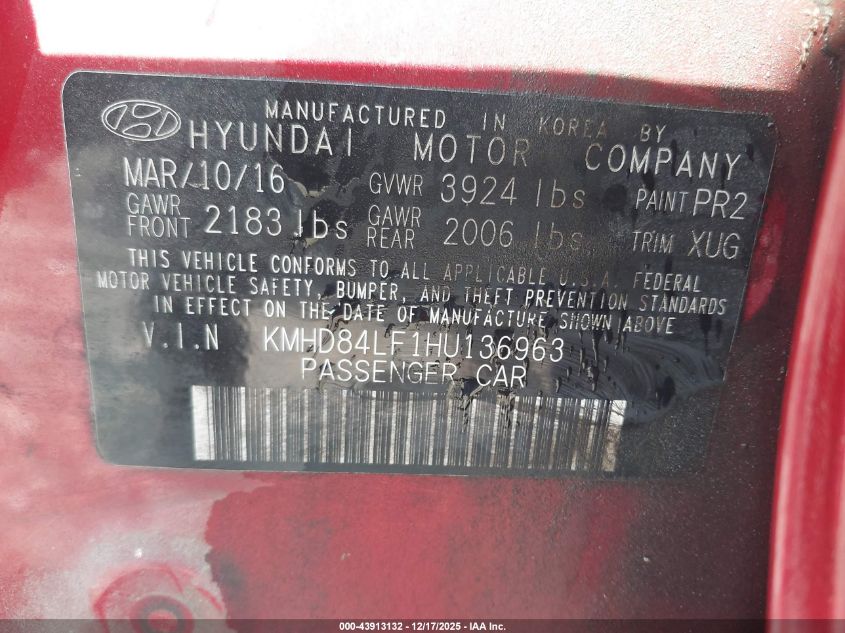 2017 Hyundai Elantra Se VIN: KMHD84LF1HU136963 Lot: 43913132