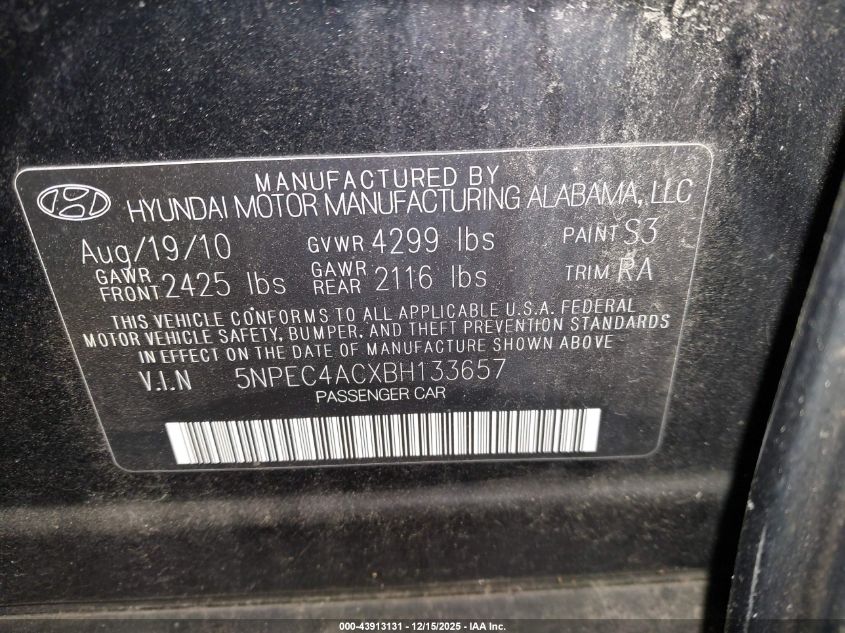 2011 Hyundai Sonata Limited VIN: 5NPEC4ACXBH133657 Lot: 43913131