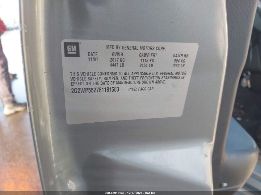 2008 Pontiac Grand Prix VIN: 2G2WP552781181583 Lot: 43913139