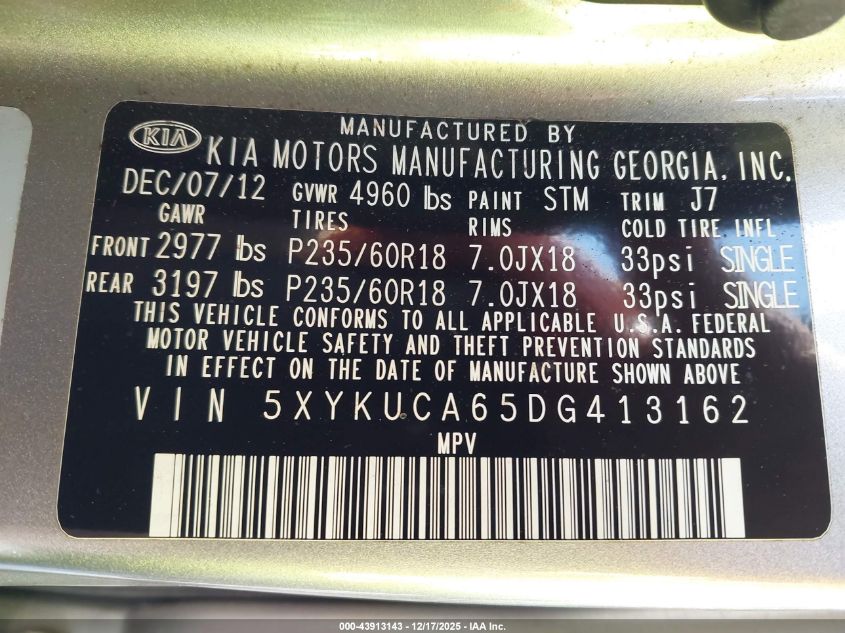 2013 Kia Sorento Ex VIN: 5XYKUCA65DG413162 Lot: 43913143