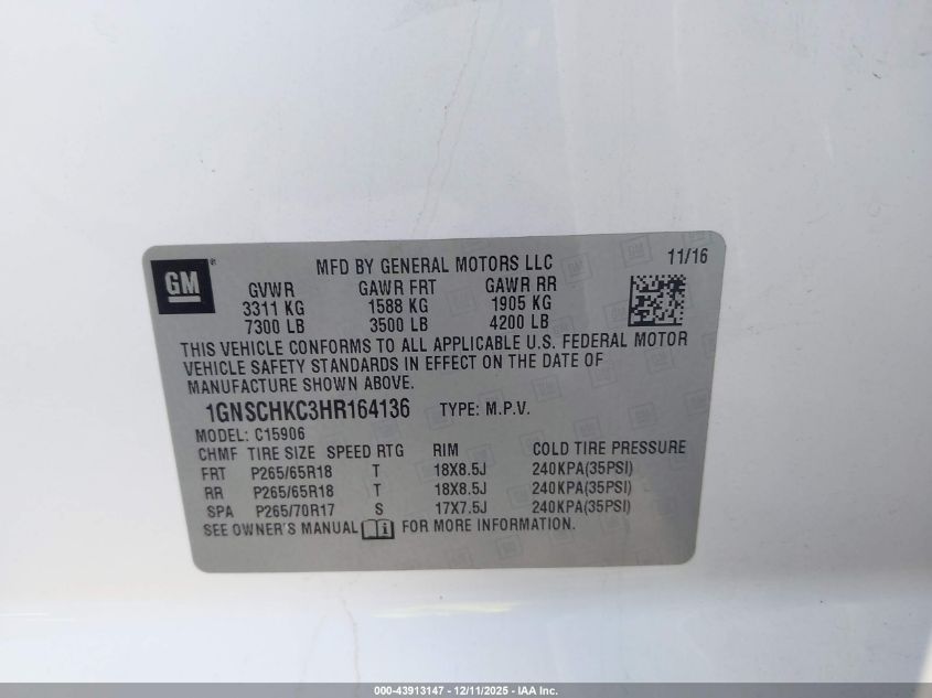 2017 Chevrolet Suburban Lt VIN: 1GNSCHKC3HR164136 Lot: 43913147