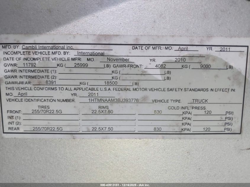 2011 International 4000 4300 Lp VIN: 1HTMNAAM3BJ393776 Lot: 43913151
