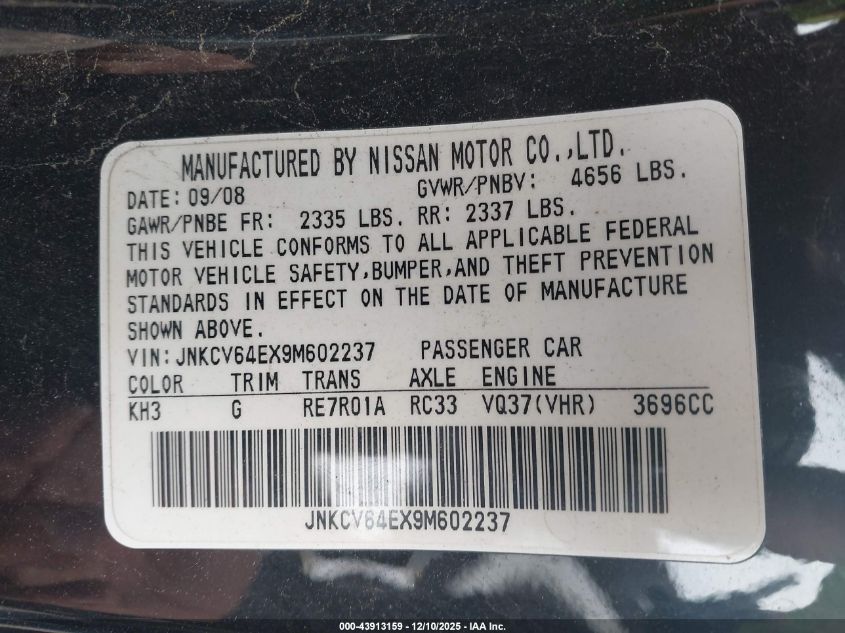2009 Infiniti G37 Journey VIN: JNKCV64EX9M602237 Lot: 43913159