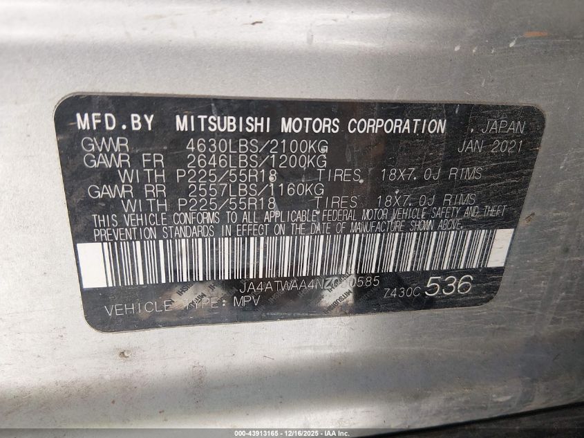 2022 Mitsubishi Eclipse Cross Se/Se Special Edition S-Awc/Sel S-Awc/Sel Special Edition S-Awc VIN: JA4ATWAA4NZ000585 Lot: 43913165