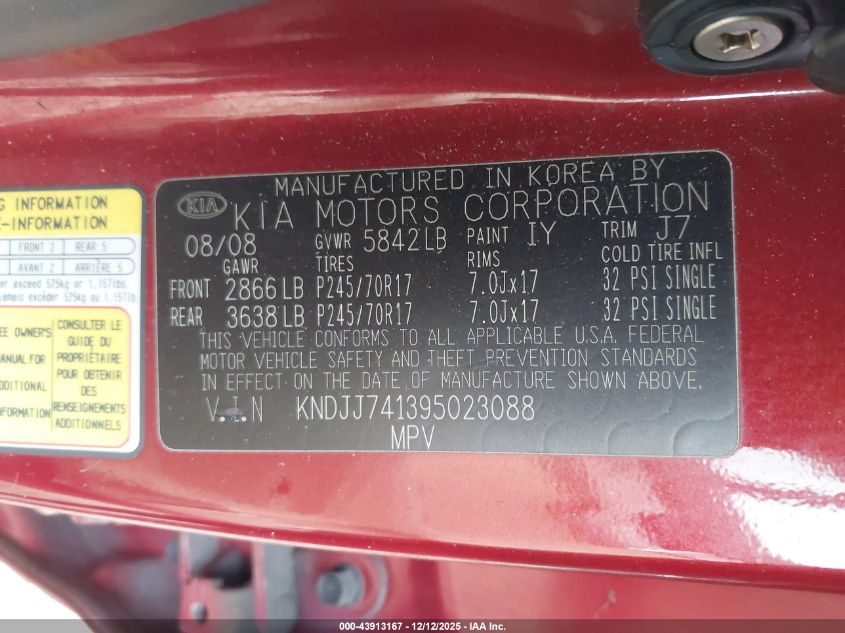 2009 Kia Borrego Ex V6 VIN: KNDJJ741395023088 Lot: 43913167