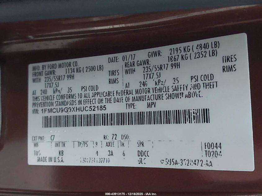 2017 Ford Escape Se VIN: 1FMCU9G9XHUC52185 Lot: 43913175