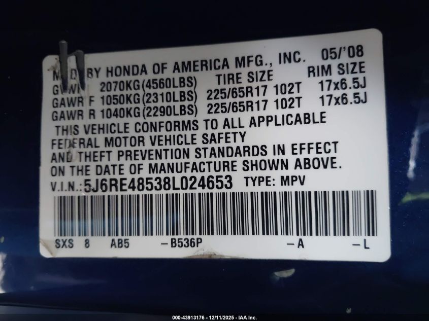 2008 Honda Cr-V Ex VIN: 5J6RE48538L024653 Lot: 43913176