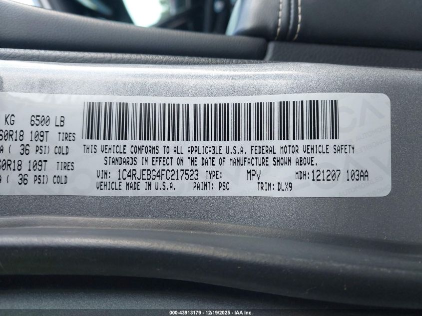 2015 Jeep Grand Cherokee Limited VIN: 1C4RJEBG4FC217523 Lot: 43913179