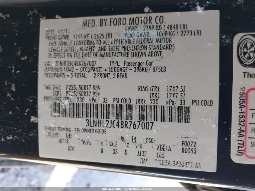 2011 Lincoln Mkz VIN: 3LNHL2JC4BR767007 Lot: 43913183