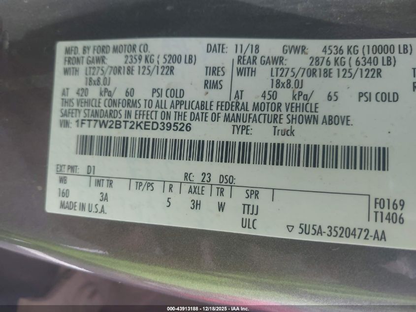 2019 Ford F-250 Xlt VIN: 1FT7W2BT2KED39526 Lot: 43913188
