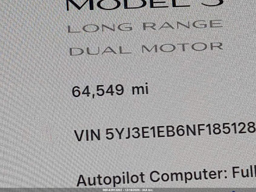 2022 Tesla Model 3 Long Range Dual Motor All-Wheel Drive VIN: 5YJ3E1EB6NF185128 Lot: 43913203