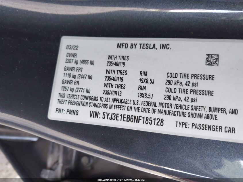 2022 Tesla Model 3 Long Range Dual Motor All-Wheel Drive VIN: 5YJ3E1EB6NF185128 Lot: 43913203