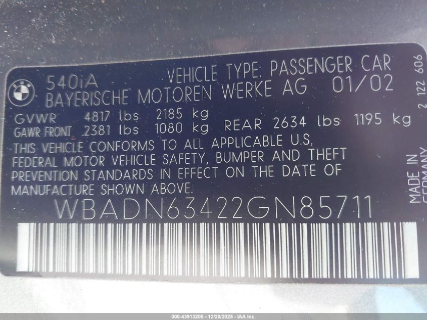 2002 BMW 540Ia VIN: WBADN63422GN85711 Lot: 43913205