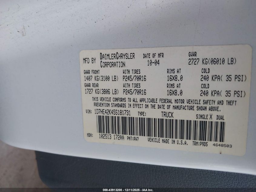 2005 Dodge Dakota Slt VIN: 1D7HE42K45S181731 Lot: 43913208