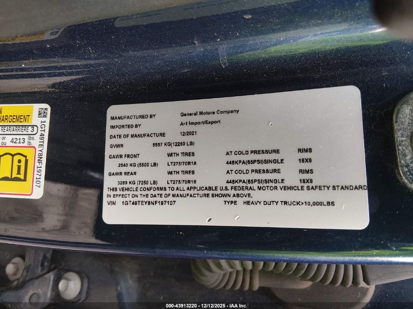 2022 GMC Sierra 3500Hd Sle VIN: 1GT49TEY8NF197107 Lot: 43913220
