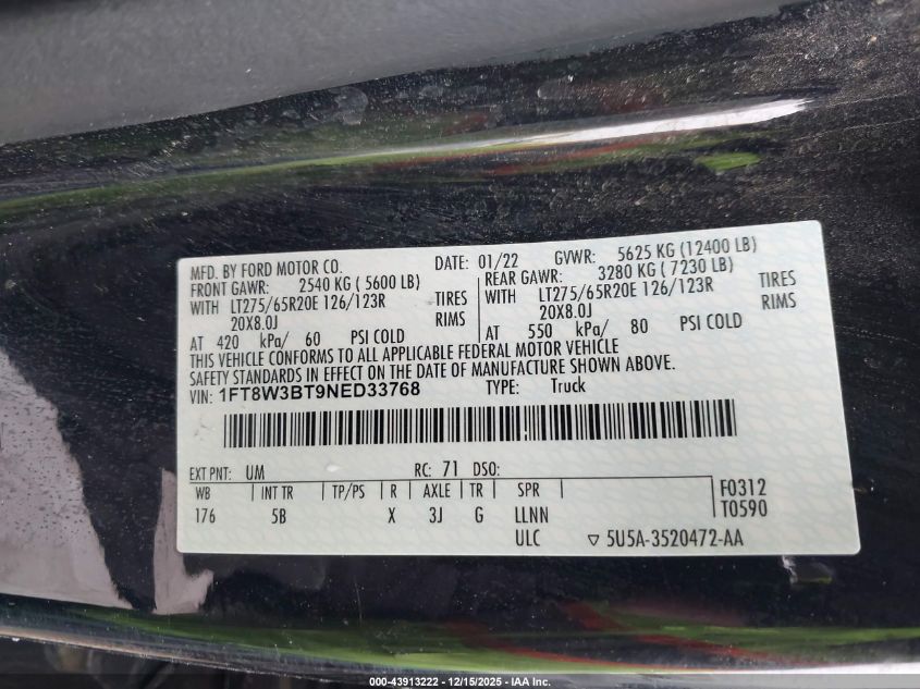 2022 Ford F-350 Lariat VIN: 1FT8W3BT9NED33768 Lot: 43913222